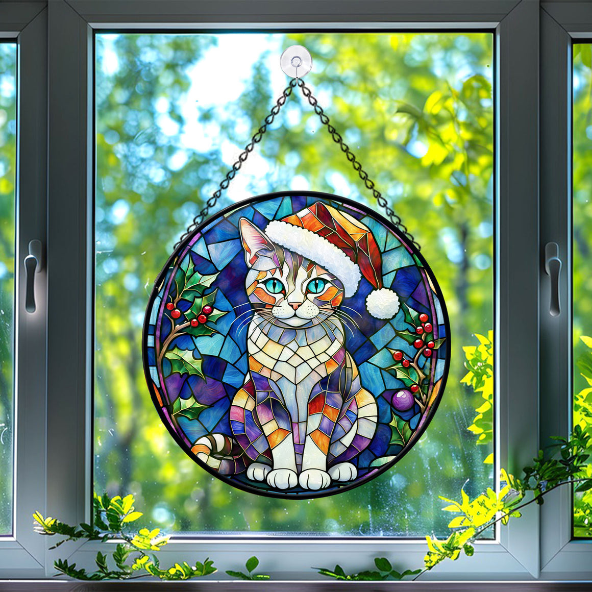 Christmas Cat Stained Glass Suncatcher | Unique Holiday Gift for Cat Lovers | European Shorthair Cat