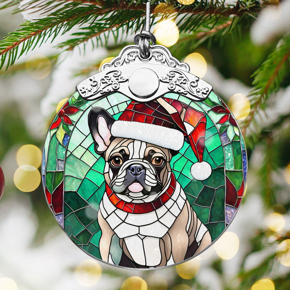 Christmas Dog Stained Glass Ornament | Unique Holiday Gift for Dog Lovers | French Bulldog