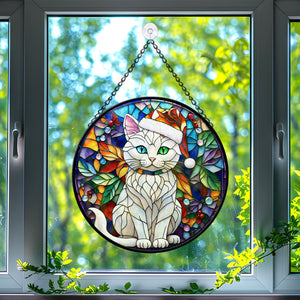 Christmas Cat Stained Glass Suncatcher | Unique Holiday Gift for Cat Lovers | Manee Cat