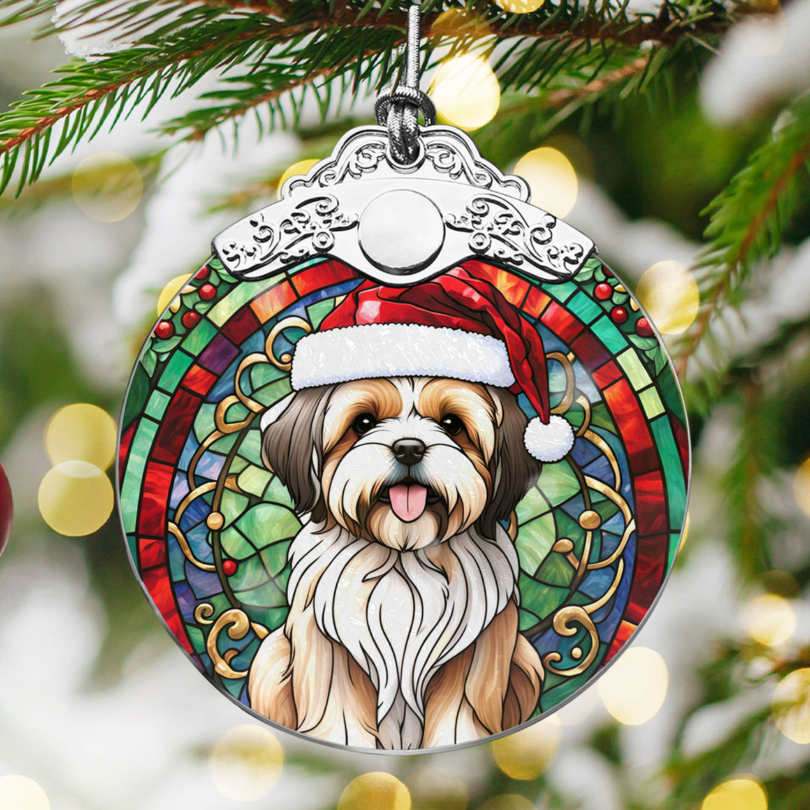 Christmas Dog Stained Glass Ornament | Unique Holiday Gift for Dog Lovers | Lhasa Apso