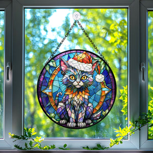 Christmas Cat Stained Glass Suncatcher | Unique Holiday Gift for Cat Lovers | Lykoi Cat