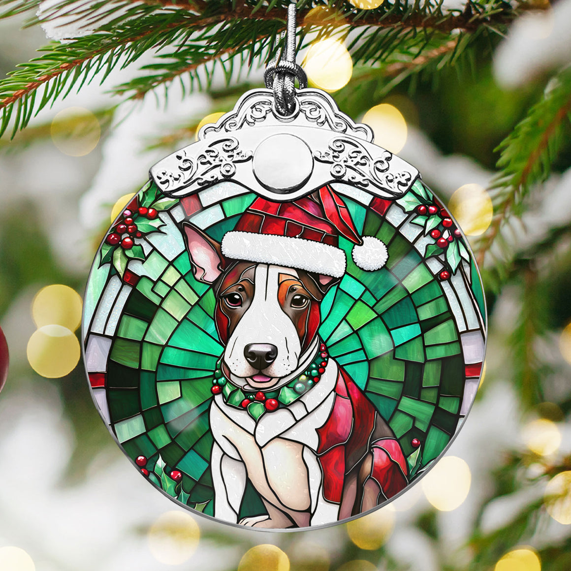 Christmas Dog Stained Glass Ornament | Unique Holiday Gift for Dog Lovers | Miniature Bull Terrier