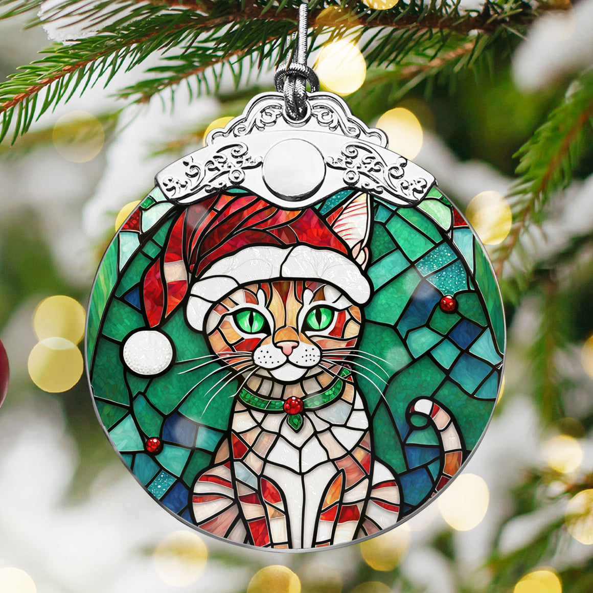 Christmas Cat Stained Glass Ornament | Unique Holiday Gift for Cat Lovers | Ocicat