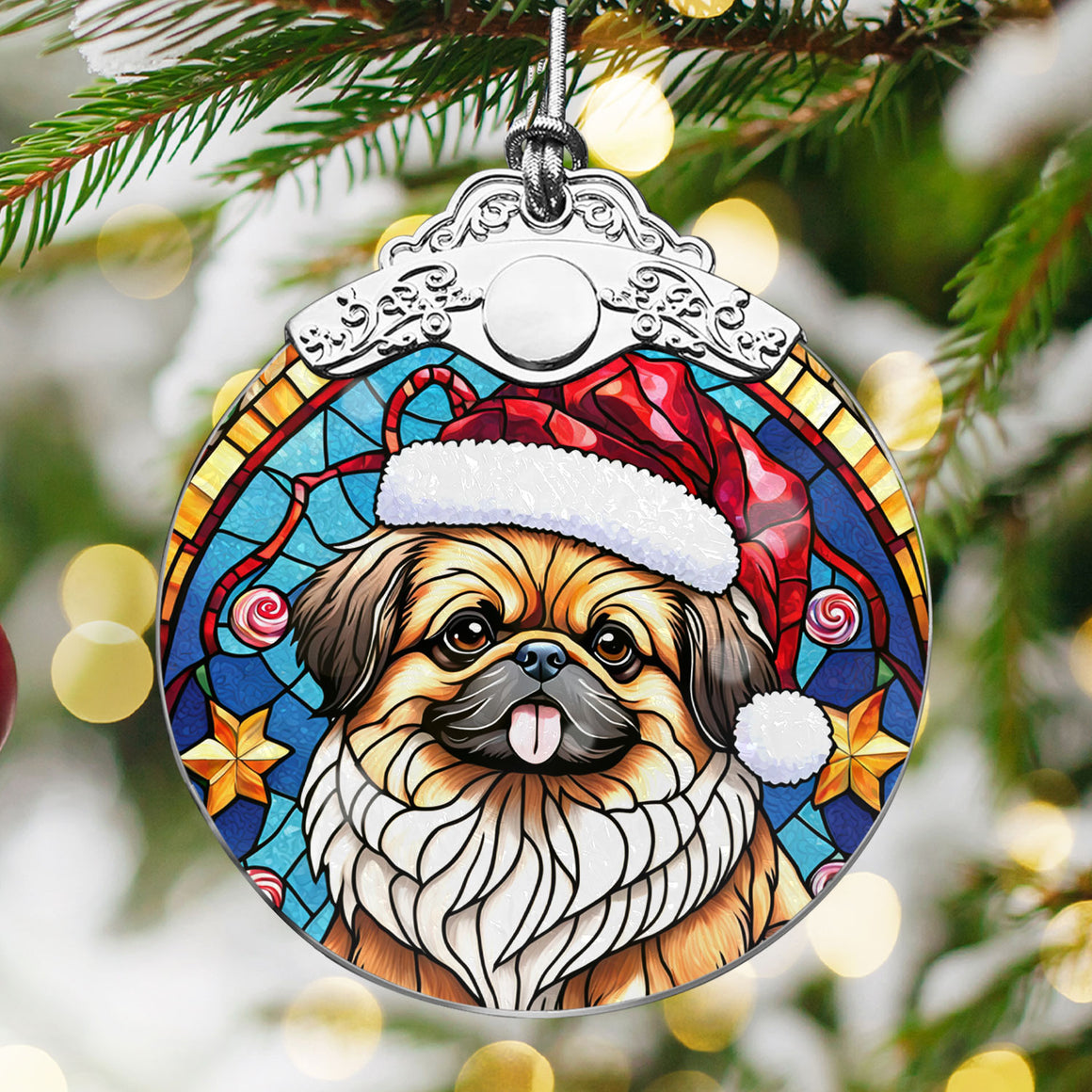 Christmas Dog Stained Glass Ornament | Unique Holiday Gift for Dog Lovers | Pekingese