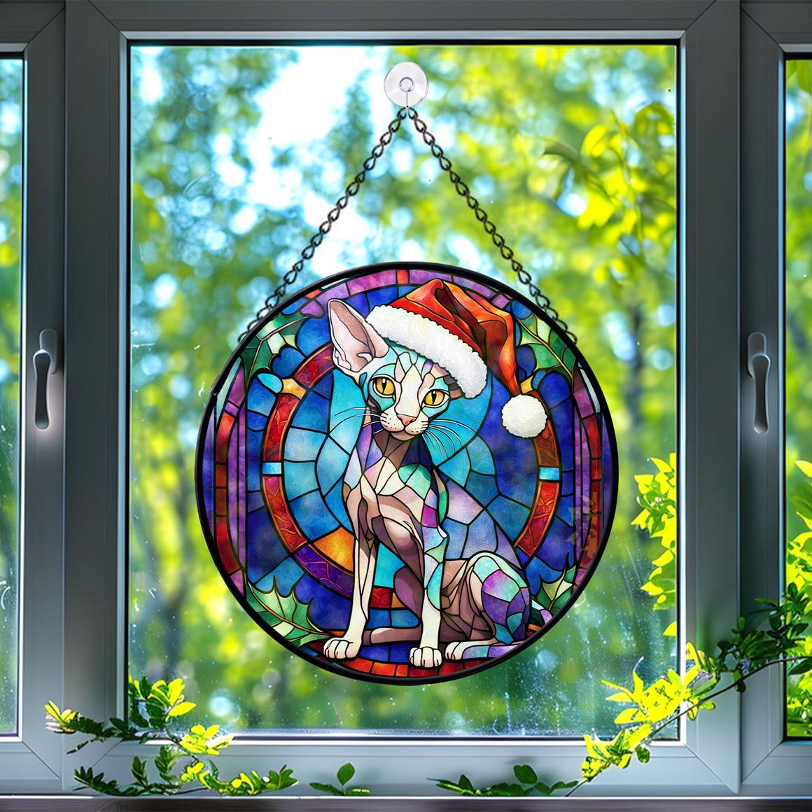 Christmas Cat Stained Glass Suncatcher | Unique Holiday Gift for Cat Lovers | Peterbald Cat