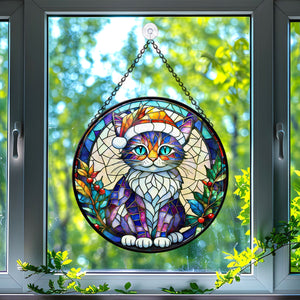 Christmas Cat Stained Glass Suncatcher | Unique Holiday Gift for Cat Lovers | Pixie-bob Cat