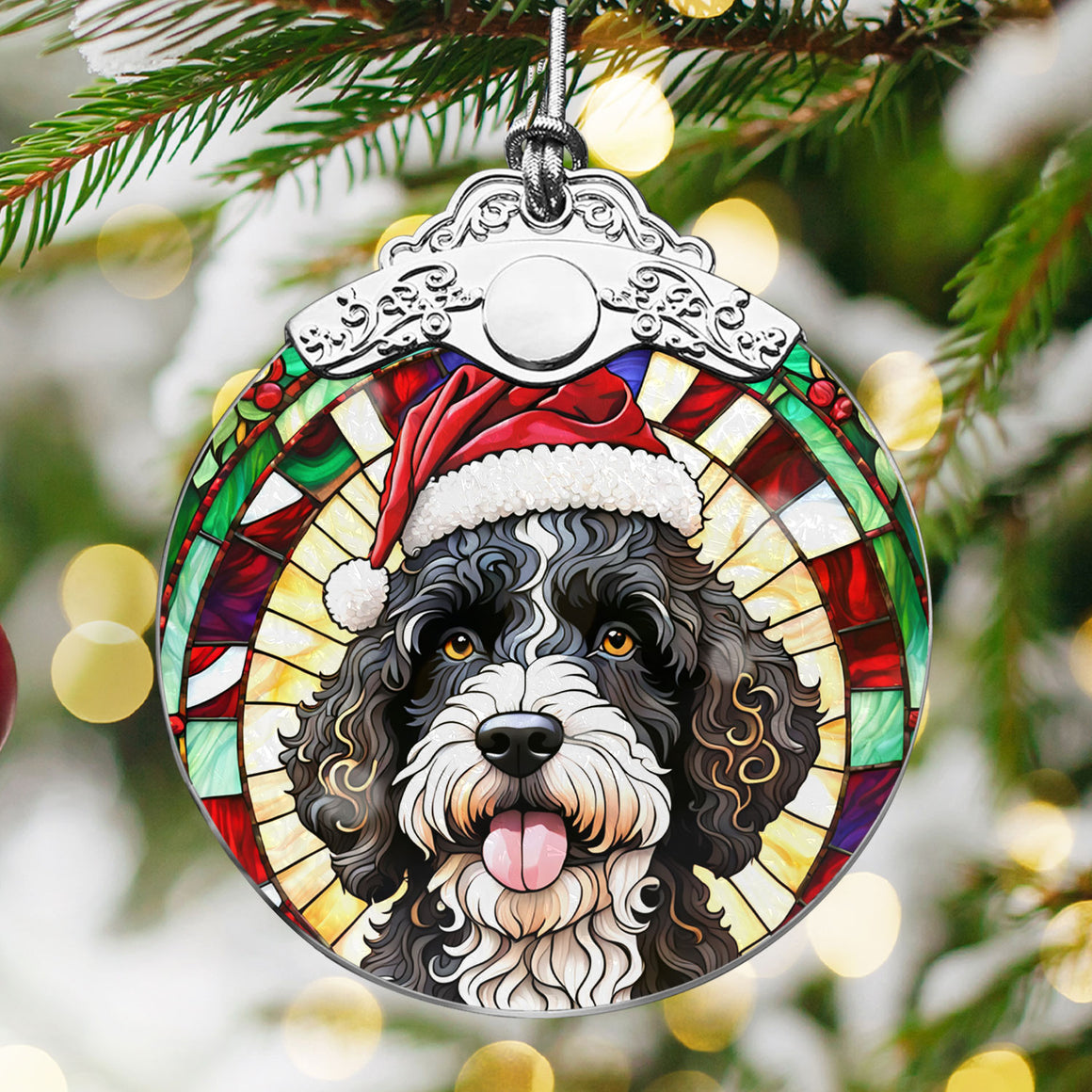 Christmas Dog Stained Glass Ornament | Unique Holiday Gift for Dog Lovers | Portuguese Water Dog