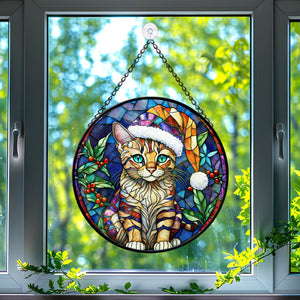 Christmas Cat Stained Glass Suncatcher | Unique Holiday Gift for Cat Lovers | Savannah Cat