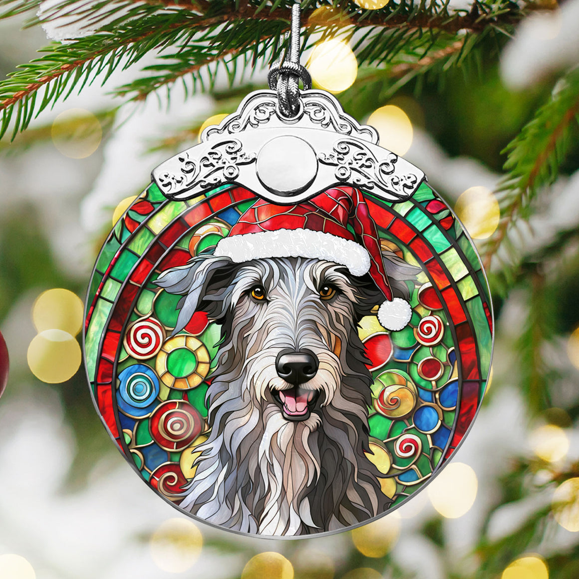 Christmas Dog Stained Glass Ornament | Unique Holiday Gift for Dog Lovers | Scottish Deerhound