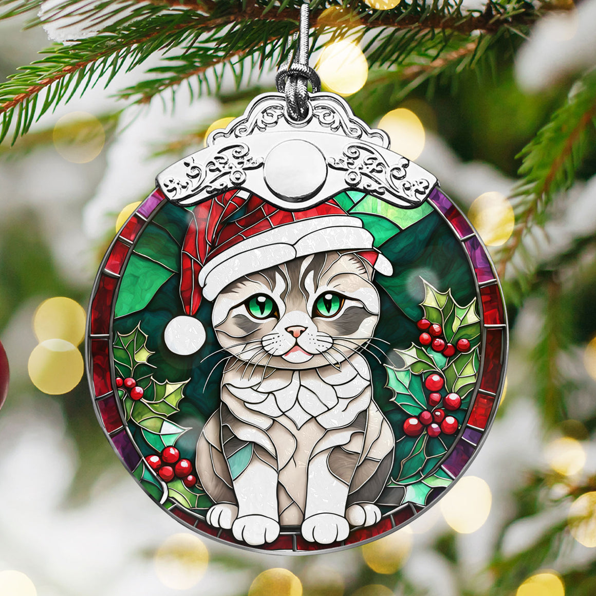 Christmas Cat Stained Glass Ornament | Unique Holiday Gift for Cat Lovers | Scottish Fold