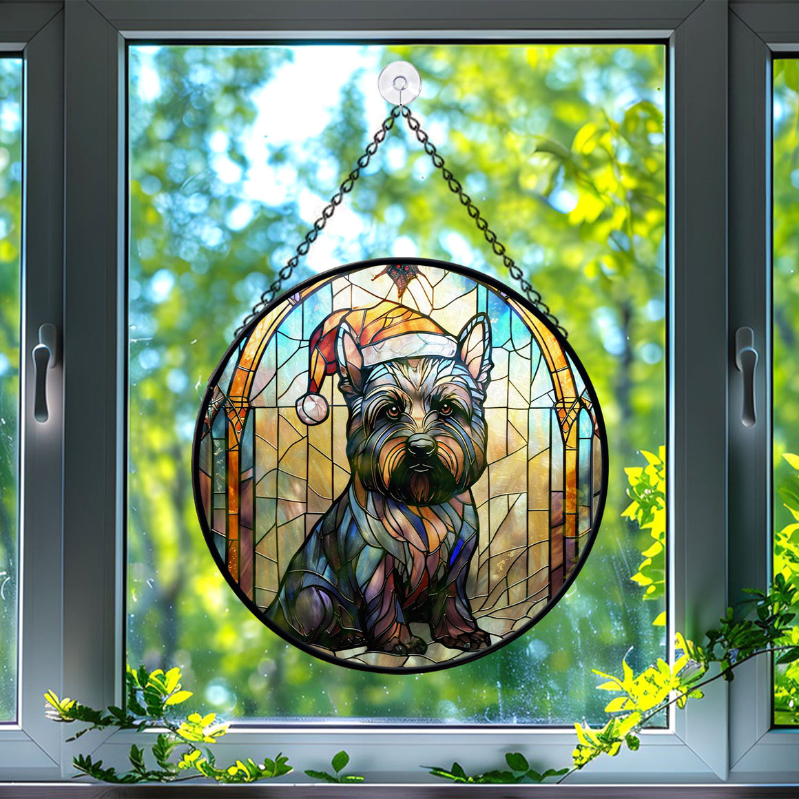 Christmas Dog Stained Glass Suncatcher | Unique Holiday Gift for Dog Lovers | Scottish Terrier