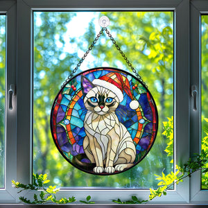 Christmas Cat Stained Glass Suncatcher | Unique Holiday Gift for Cat Lovers | Siamese Cat