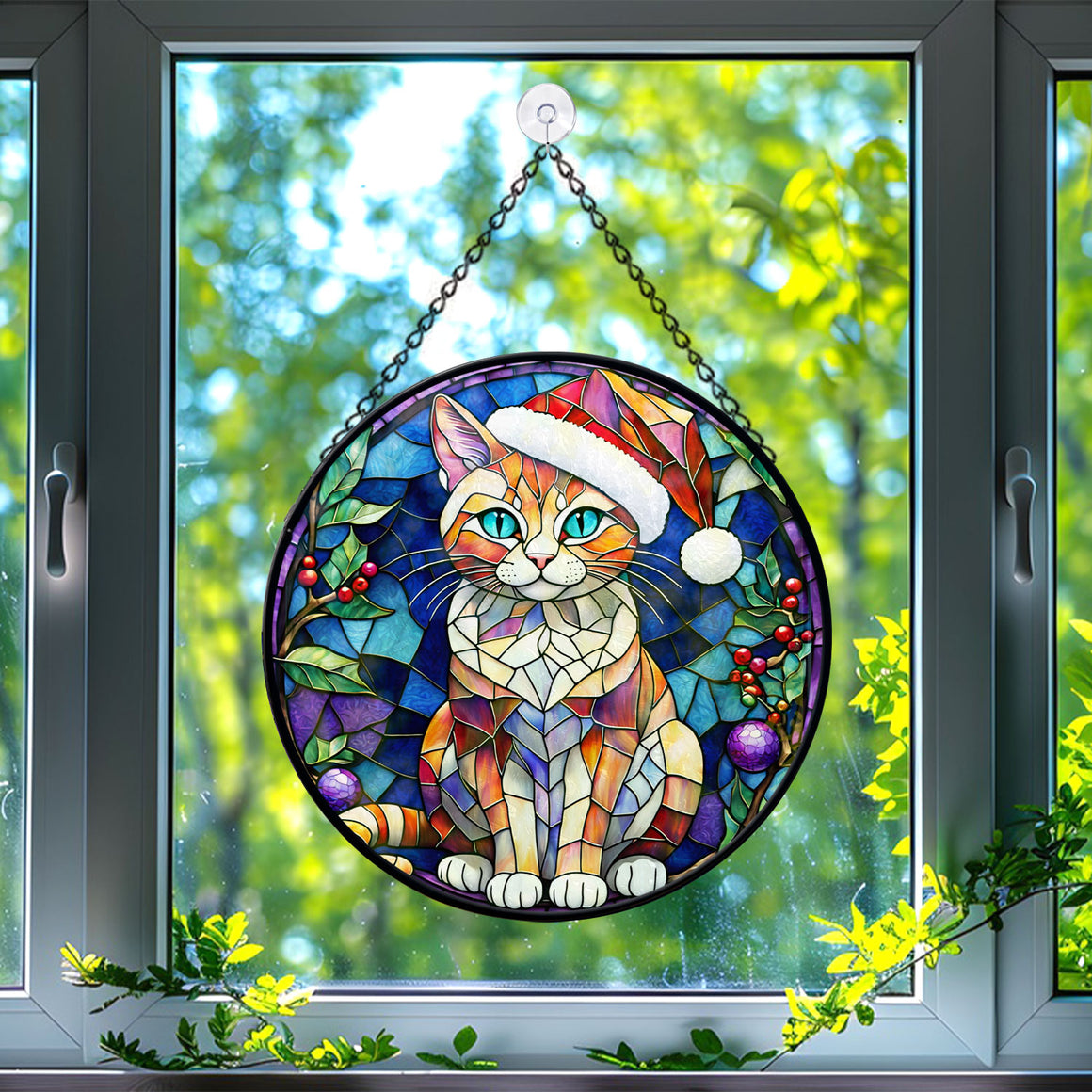 Christmas Cat Stained Glass Suncatcher | Unique Holiday Gift for Cat Lovers | Singapura Cat