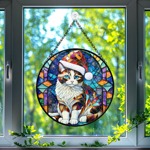 Christmas Cat Stained Glass Suncatcher | Unique Holiday Gift for Cat Lovers | Snowshoe Cat