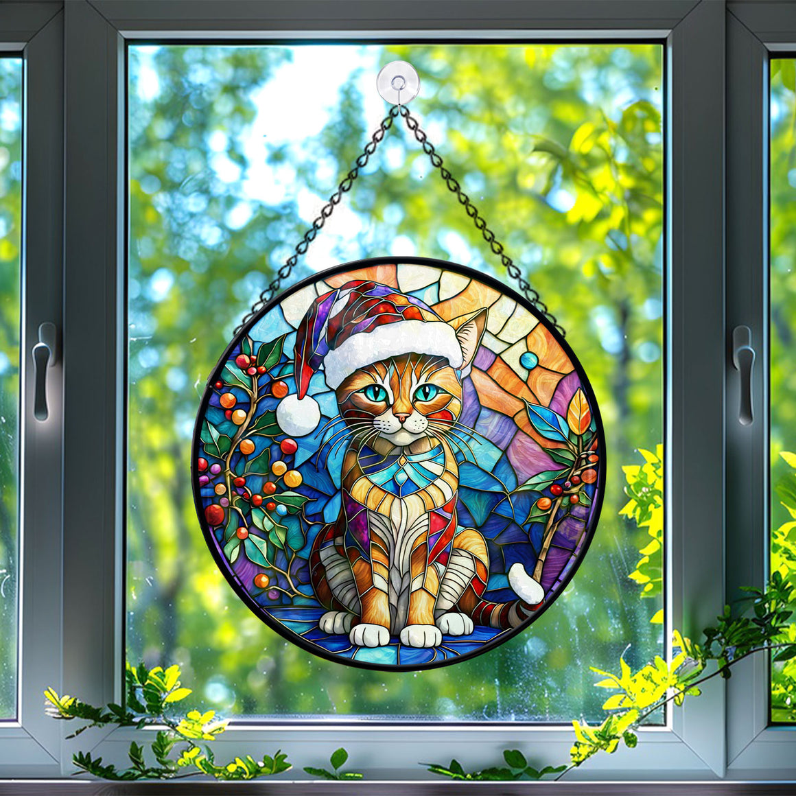 Christmas Cat Stained Glass Suncatcher | Unique Holiday Gift for Cat Lovers | Sokoke Cat