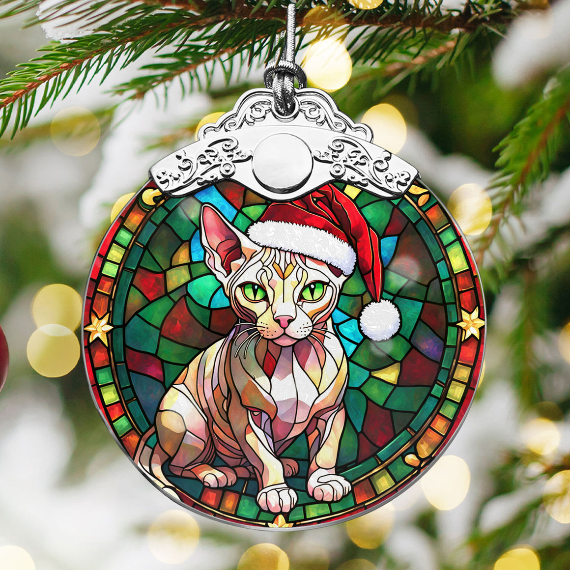 Christmas Cat Stained Glass Ornament | Unique Holiday Gift for Cat Lovers | Sphynx Cat