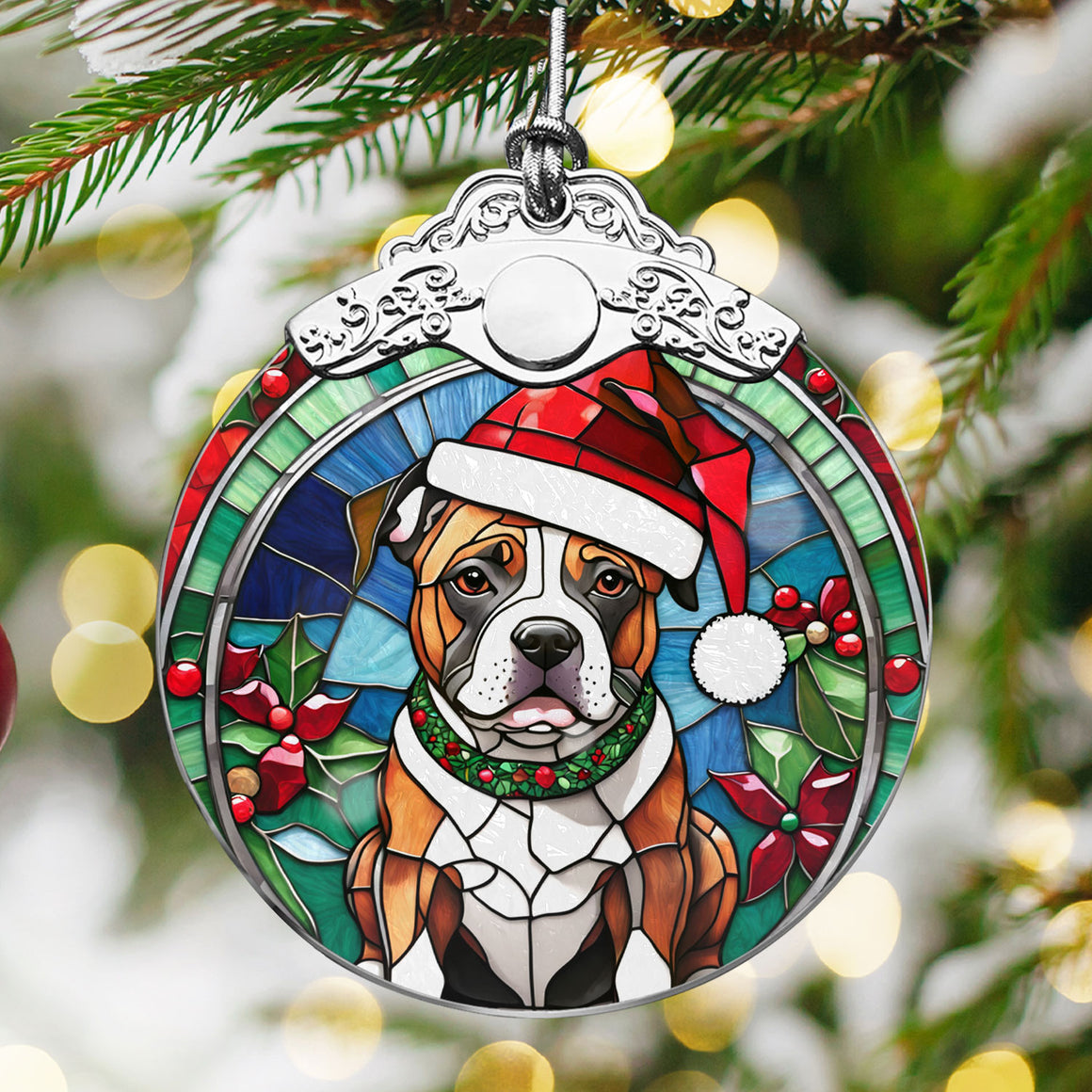 Christmas Dog Stained Glass Ornament | Unique Holiday Gift for Dog Lovers | Staffordshire Bull Terrier