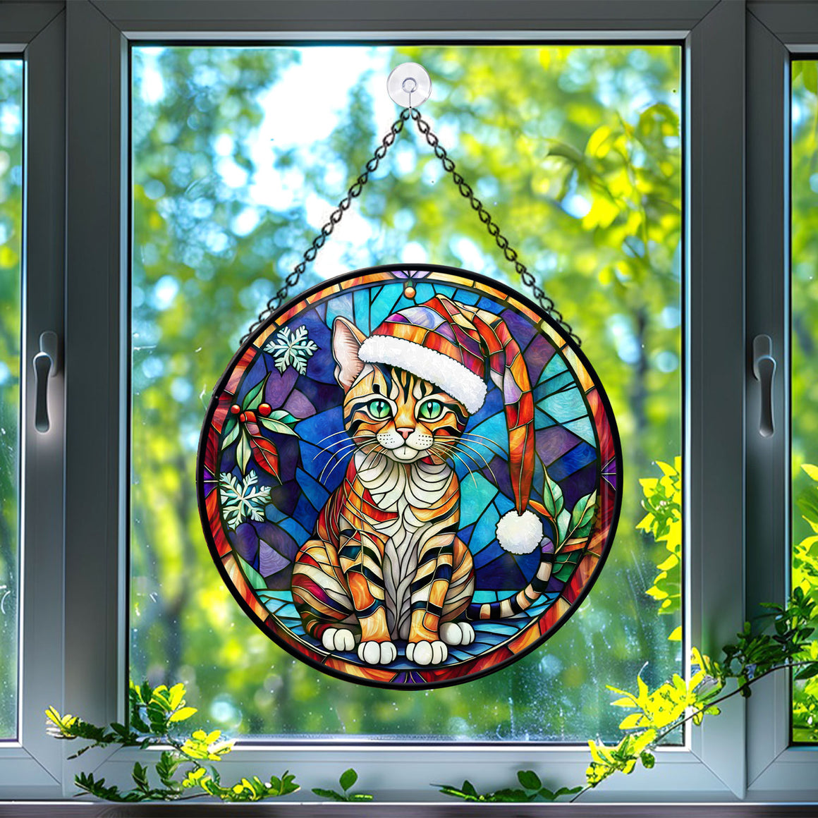 Christmas Cat Stained Glass Suncatcher | Unique Holiday Gift for Cat Lovers | Toyger Cat