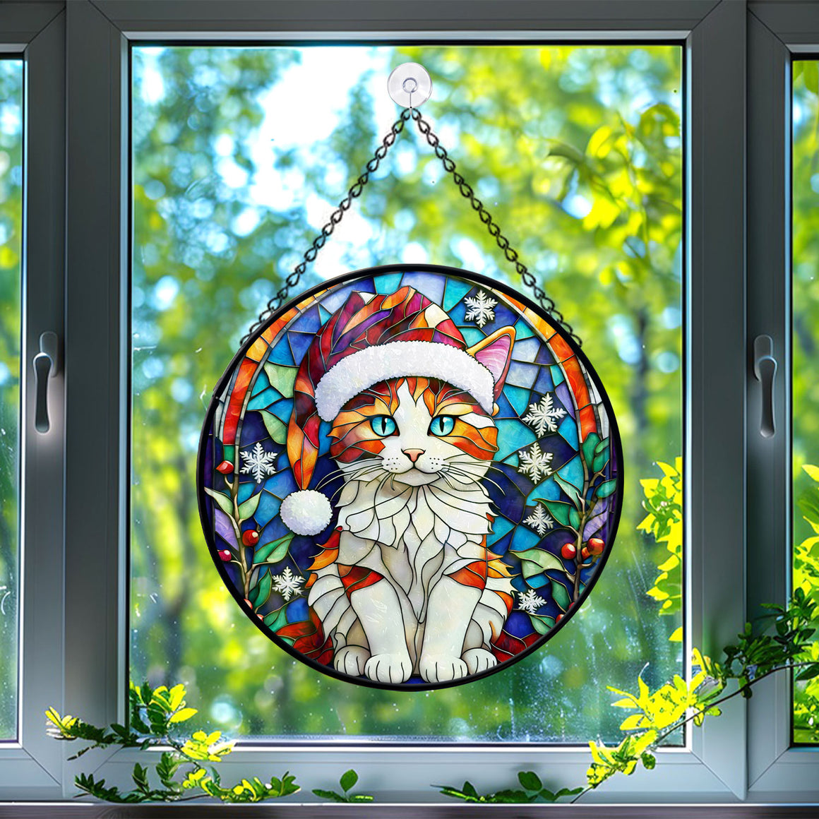 Christmas Cat Stained Glass Suncatcher | Unique Holiday Gift for Cat Lovers | Turkish Van Cat