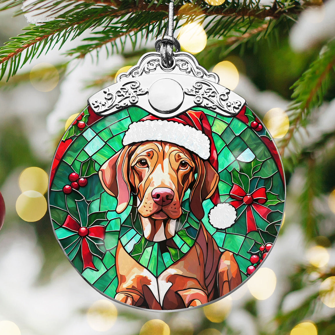 Christmas Dog Stained Glass Ornament | Unique Holiday Gift for Dog Lovers | Vizsla