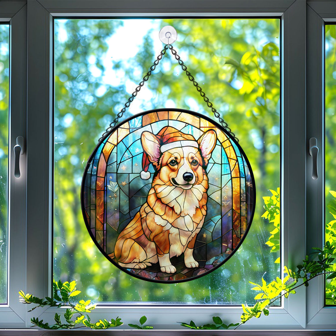 Christmas Dog Stained Glass Suncatcher | Unique Holiday Gift for Dog Lovers | Corgi