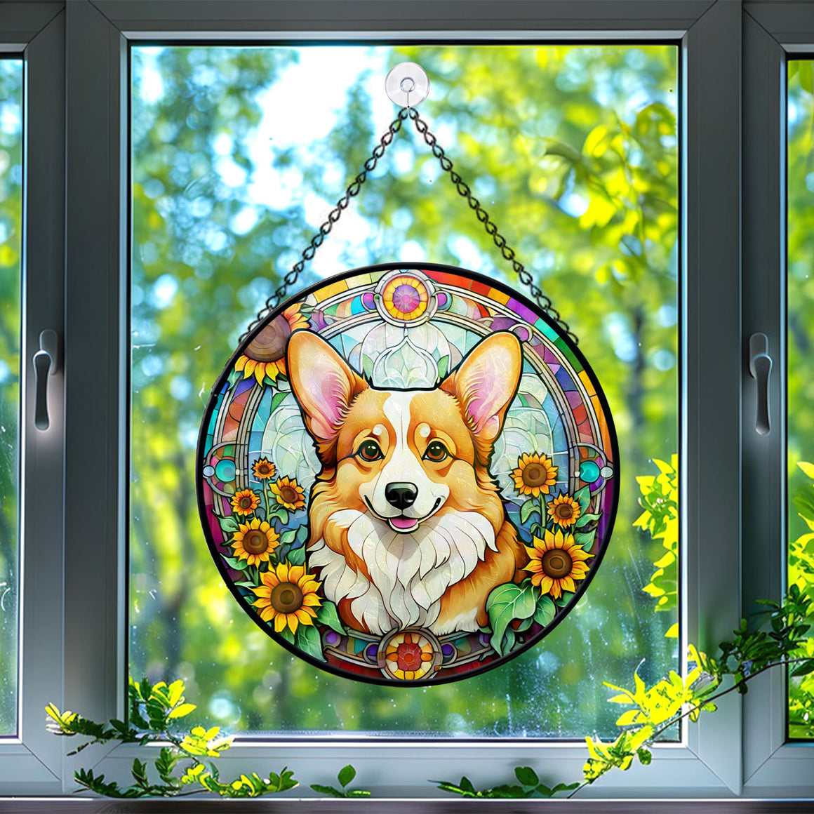 Corgi Stained Glass Suncatcher, Corgi Sunflower Suncatcher for Windows Stained Glass