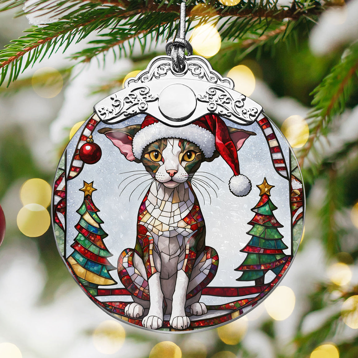 Christmas Cat Stained Glass Ornament | Unique Holiday Gift for Cat Lovers | Cornish Rex