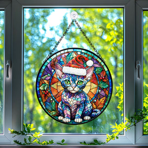 Christmas Cat Stained Glass Suncatcher | Unique Holiday Gift for Cat Lovers | Devon Rex Cat