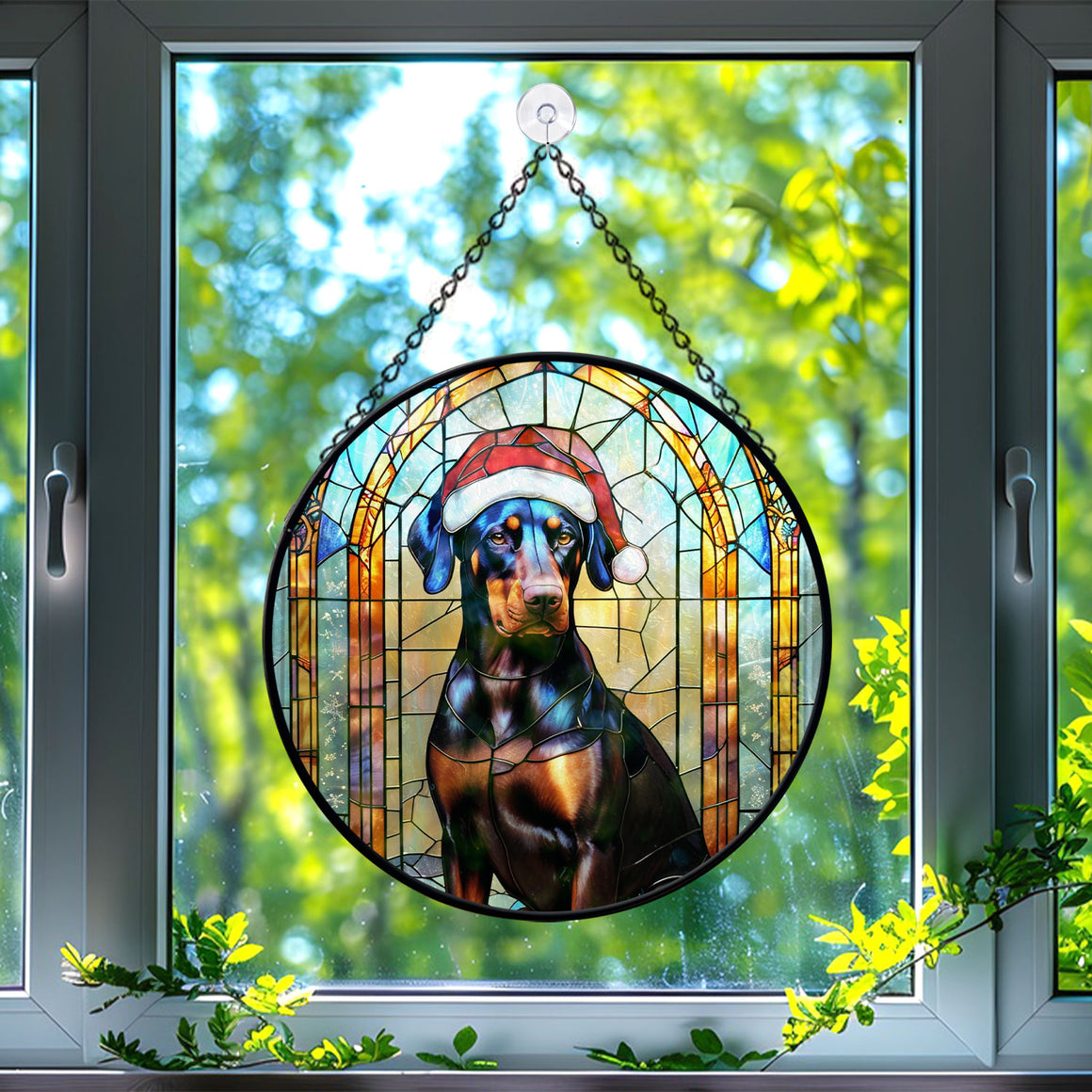 Christmas Dog Stained Glass Suncatcher | Unique Holiday Gift for Dog Lovers | Doberman