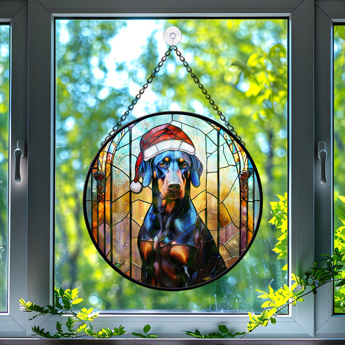 Christmas Dog Stained Glass Suncatcher | Unique Holiday Gift for Dog Lovers | Doberman