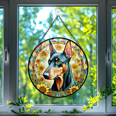 Doberman Stained Glass Suncatcher, Doberman Sunflower Suncatcher for Windows Stained Glass