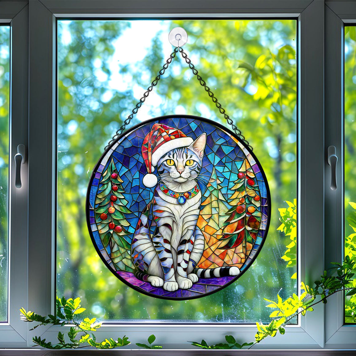 Christmas Cat Stained Glass Suncatcher | Unique Holiday Gift for Cat Lovers | Egyptian Mau Cat