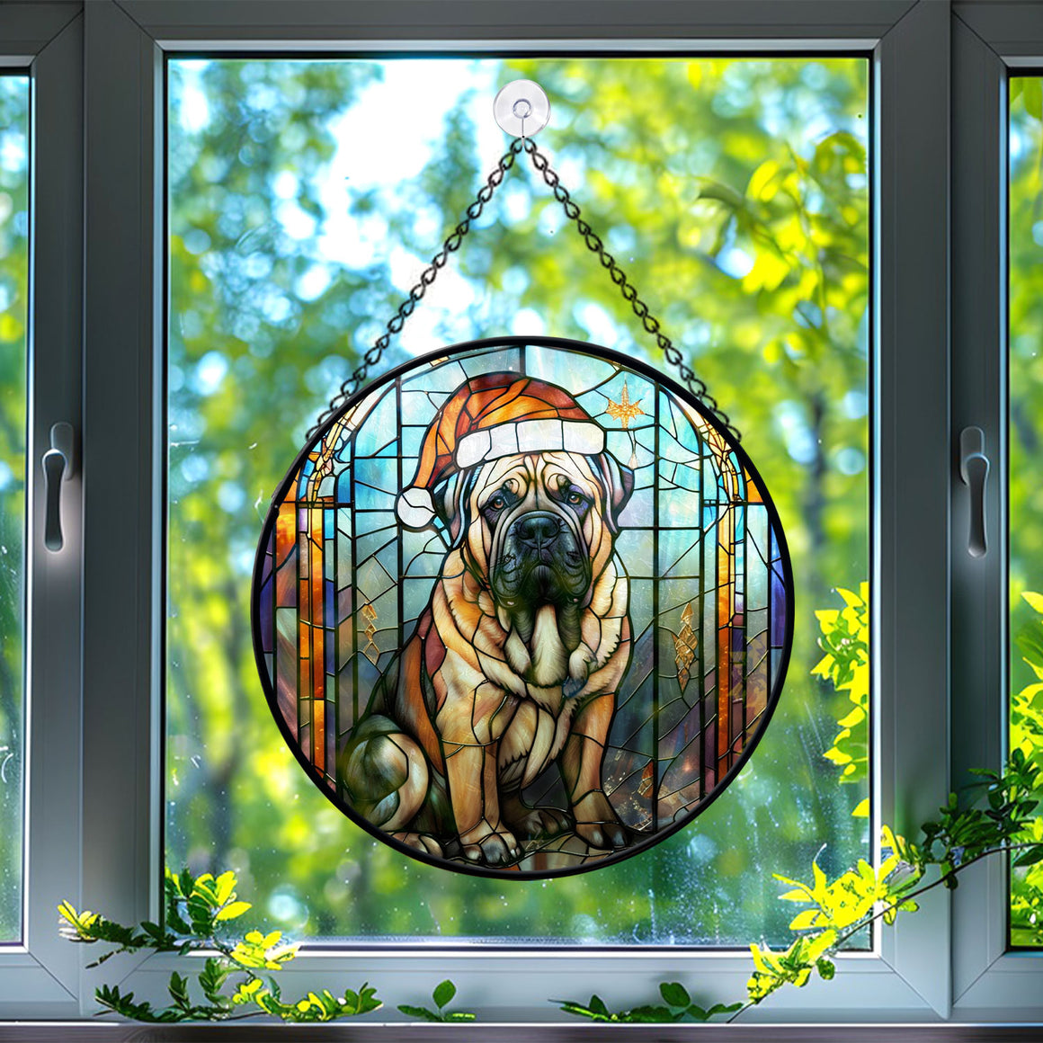 Christmas Dog Stained Glass Suncatcher | Unique Holiday Gift for Dog Lovers | English Mastiff