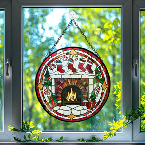 Fireplace With Stockings Stained Glass Suncatcher, Fireplace With Stockings Suncatcher for Windows Stained Glass