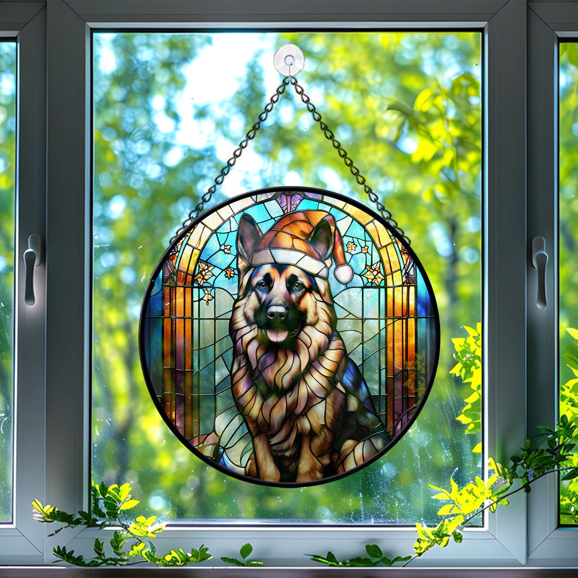 Christmas Dog Stained Glass Suncatcher | Unique Holiday Gift for Dog Lovers | German shepherd