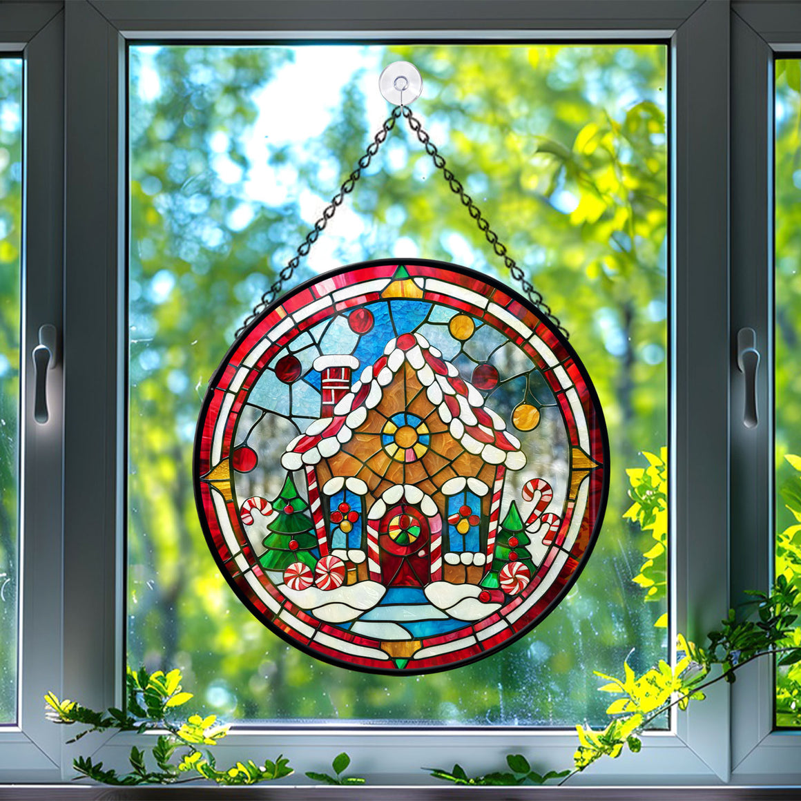 Gingerbread & House Stained Glass Suncatcher, Gingerbread & House Suncatcher for Windows Stained Glass A02