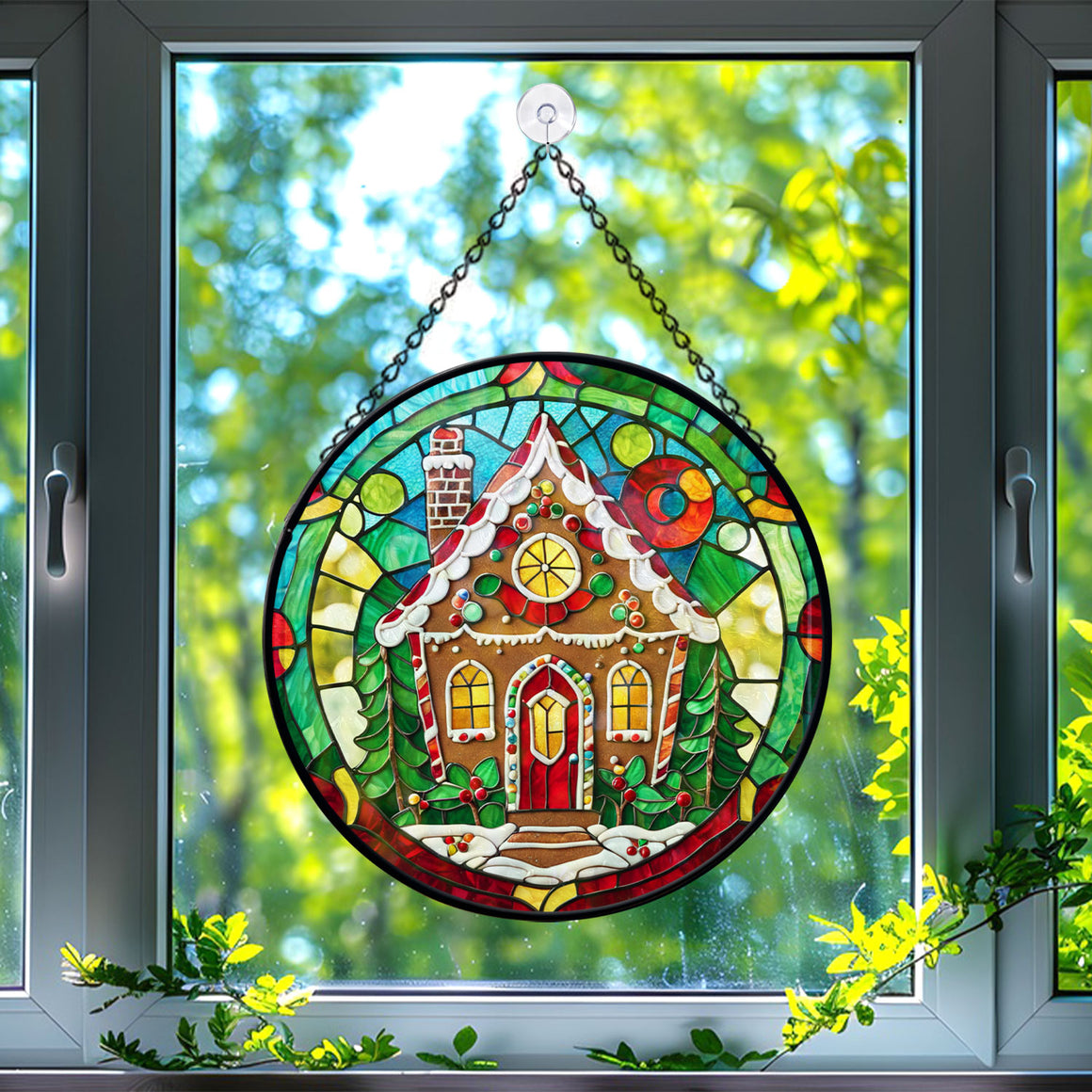 Gingerbread House Stained Glass Suncatcher, Gingerbread House Suncatchers for Windows Stained Glass