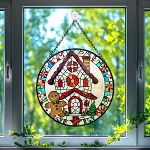 Gingerbread & House Stained Glass Suncatcher, Gingerbread & House Suncatcher for Windows Stained Glass