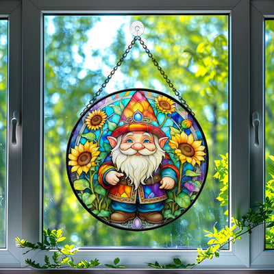 Gnome Stained Glass Suncatcher, Gnome Sunflower Suncatcher for Windows Stained Glass