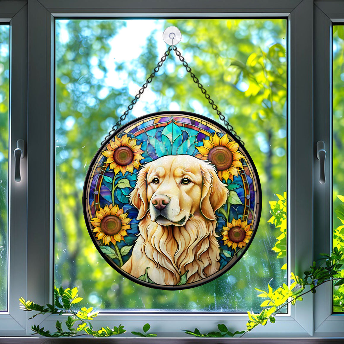 Golden Retriever Stained Glass Suncatcher, Golden Retriever Sunflower Suncatcher for Windows Stained Glass