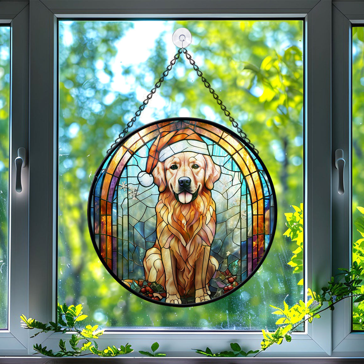 Christmas Dog Stained Glass Suncatcher | Unique Holiday Gift for Dog Lovers | Golden Retriever