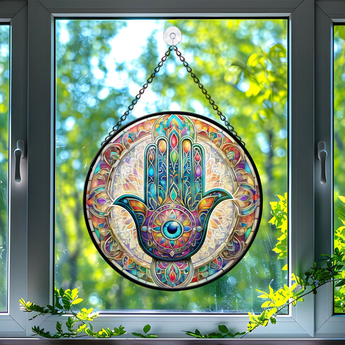 Hamsa Hand Stained Glass Suncatcher, Hamsa Hand Suncatcher for Windows Stained Glass