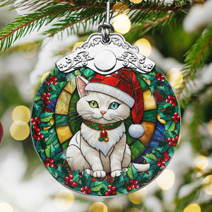 Christmas Cat Stained Glass Ornament | Unique Holiday Gift for Cat Lovers | Khao Manee