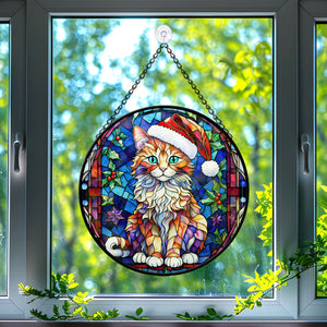 Christmas Cat Stained Glass Suncatcher | Unique Holiday Gift for Cat Lovers | LaPerm Cat