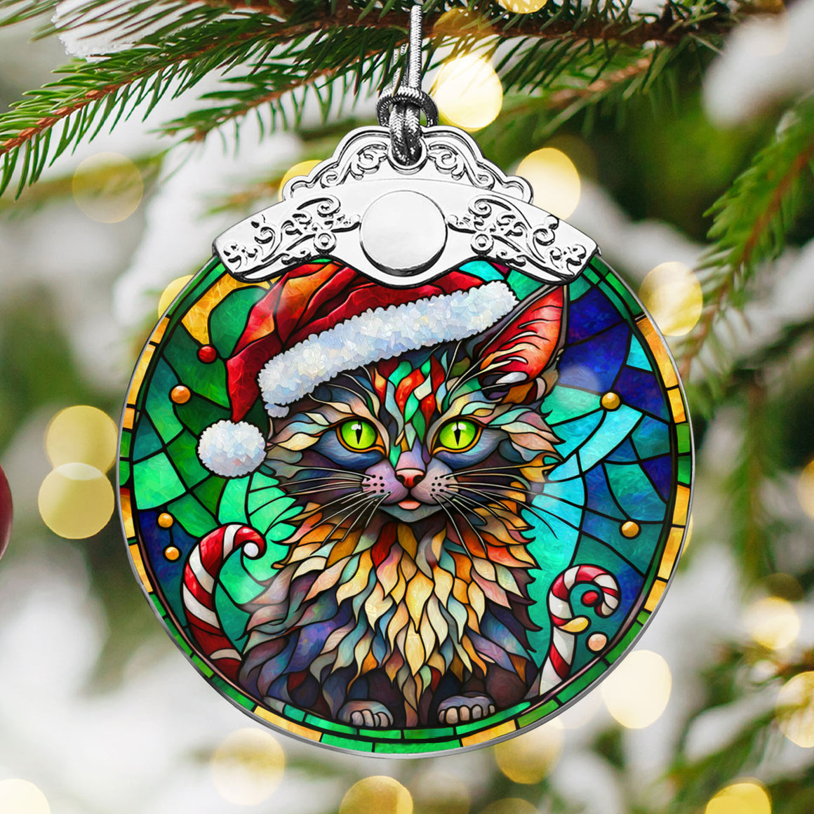 Christmas Cat Stained Glass Ornament | Unique Holiday Gift for Cat Lovers | Lykoi