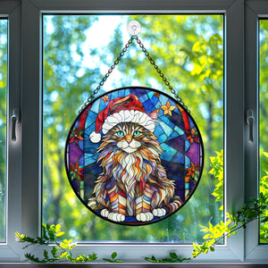 Christmas Cat Stained Glass Suncatcher | Unique Holiday Gift for Cat Lovers | Maine Coon Cat