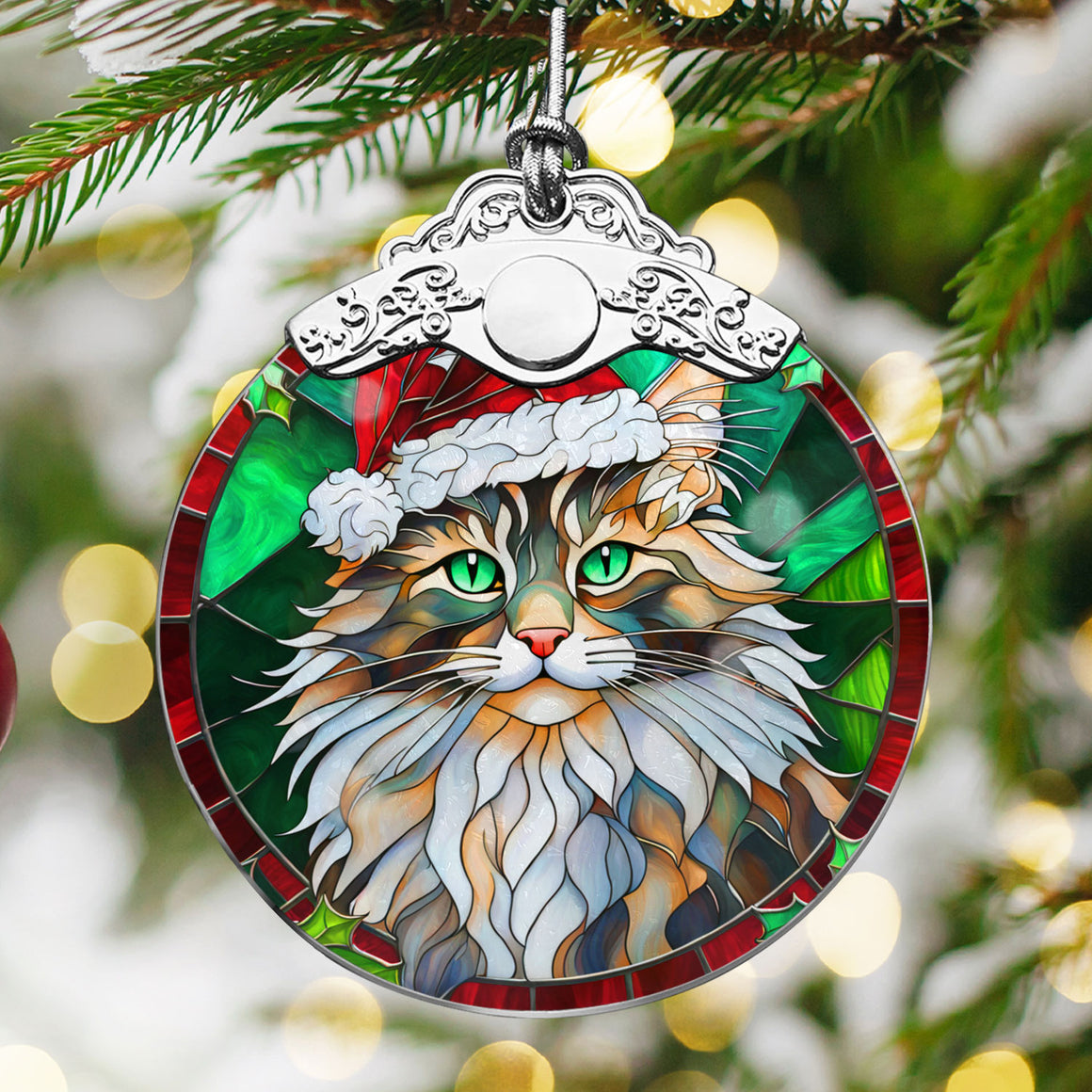 Christmas Cat Stained Glass Ornament | Unique Holiday Gift for Cat Lovers | Maine Coon