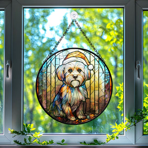 Christmas Dog Stained Glass Suncatcher | Unique Holiday Gift for Dog Lovers | Maltese