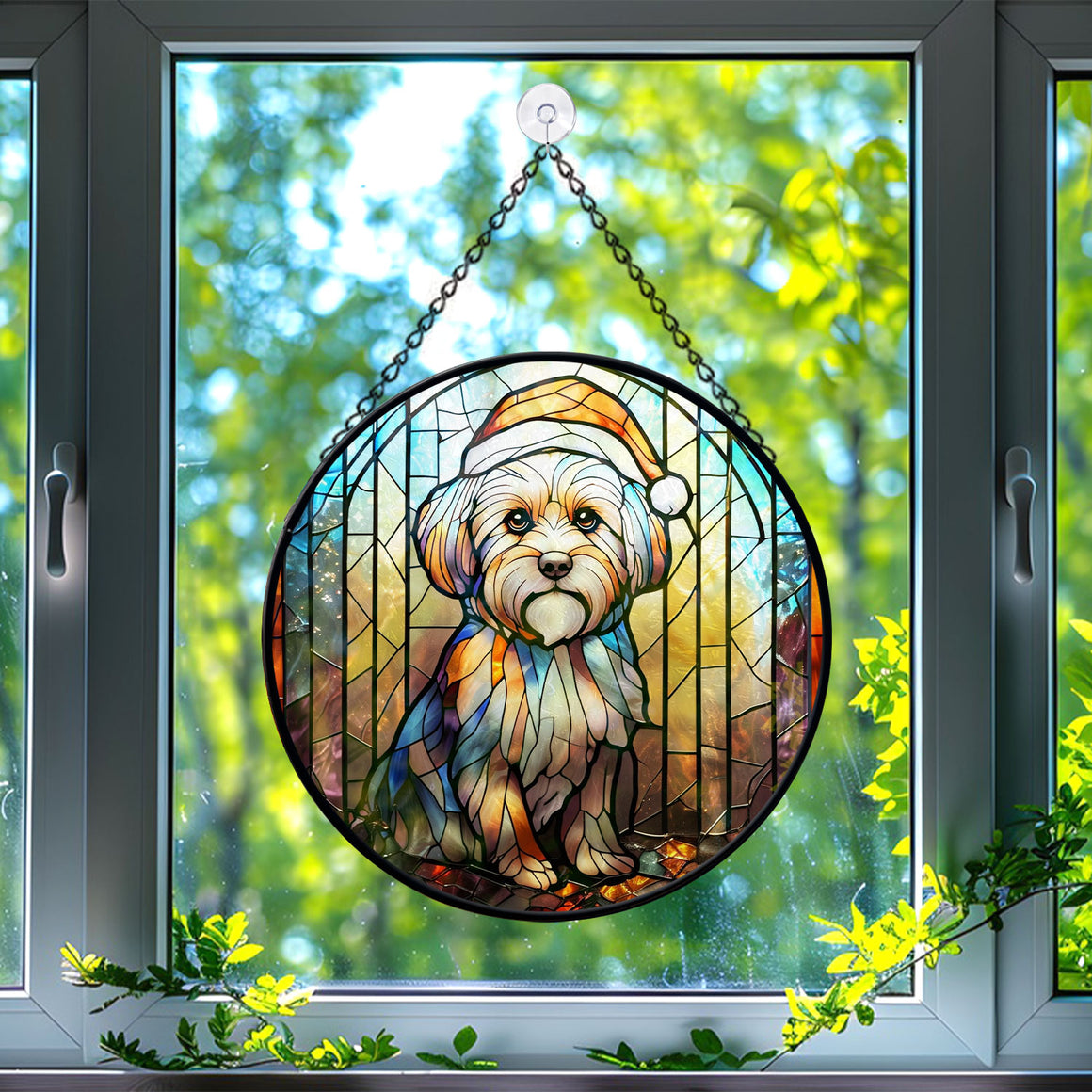 Christmas Dog Stained Glass Suncatcher | Unique Holiday Gift for Dog Lovers | Maltese