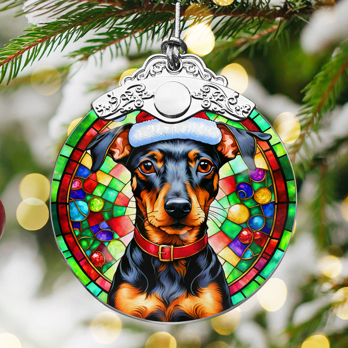 Christmas Dog Stained Glass Ornament | Unique Holiday Gift for Dog Lovers | Manchester Terrier